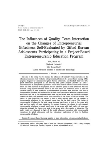 The Influences of Quality Team Interaction on the Changes of Entrepreneurial Giftedness Self-Evaluated by Gifted Korean Adolescents Participating in a Project-Based Entrepreneurship Education Program 이미지